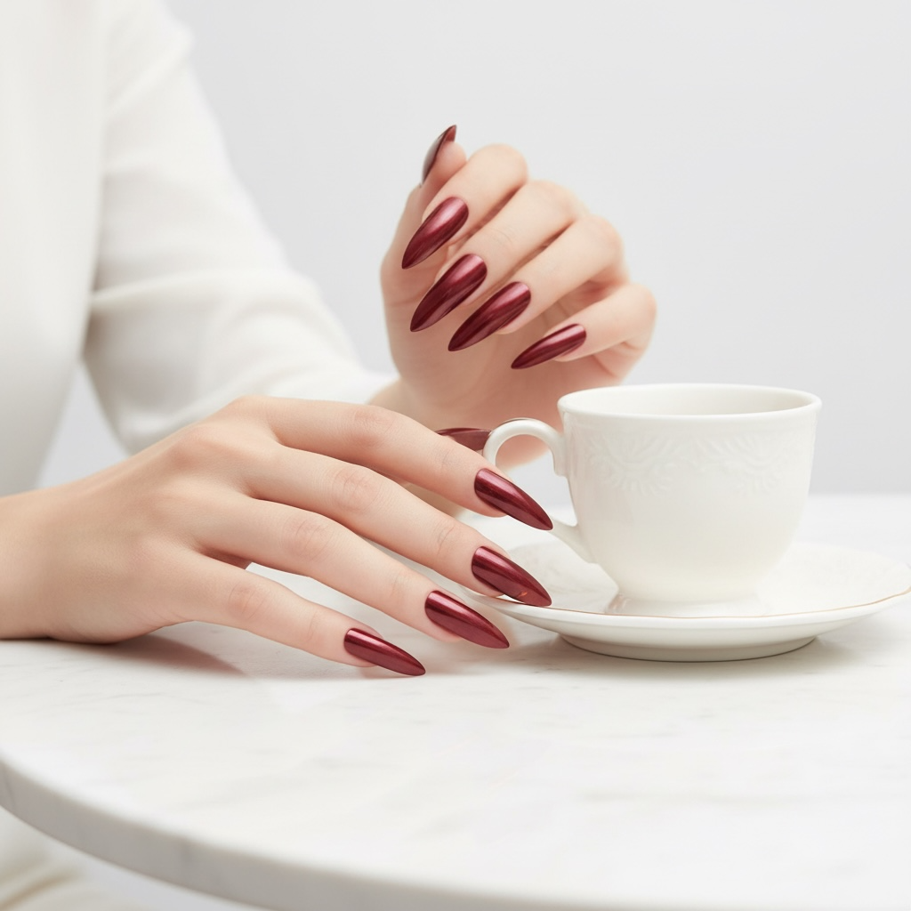 Passion Belle | Dark Red Burgundy | Glossy | Sharp, Stiletto | Extra Long | Reusable Press On Nails Set
