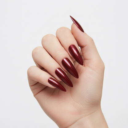 Passion Belle | Dark Red Burgundy | Glossy | Sharp, Stiletto | Extra Long | Reusable Press On Nails Set