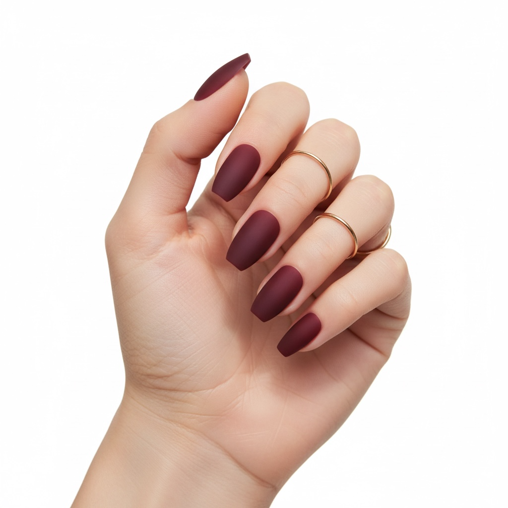 Elle Elegance | Dark Red Burgundy | Matte | Square, Coffin | Long | Reusable Press On Nails Set