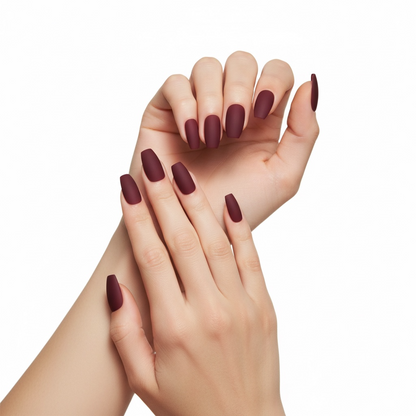 Elle Elegance | Dark Red Burgundy | Matte | Square, Coffin | Long | Reusable Press On Nails Set