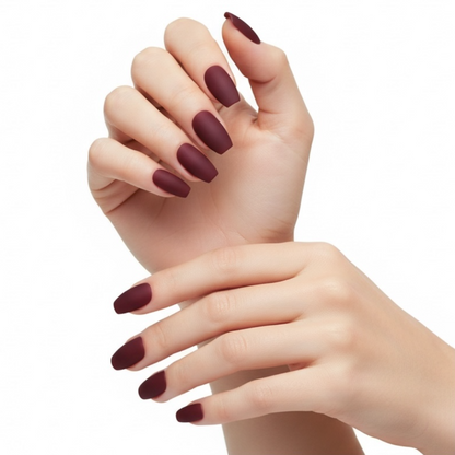 Elle Elegance | Dark Red Burgundy | Matte | Square, Coffin | Long | Reusable Press On Nails Set