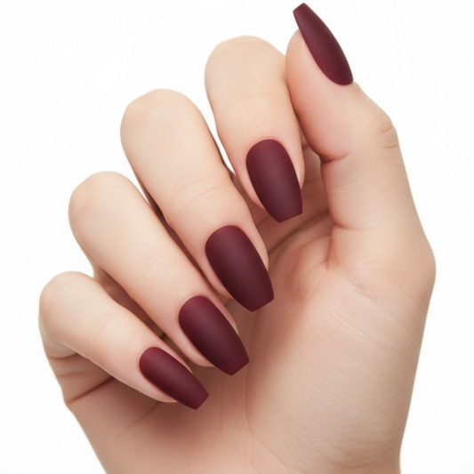Elle Elegance | Dark Red Burgundy | Matte | Square, Coffin | Long | Reusable Press On Nails Set