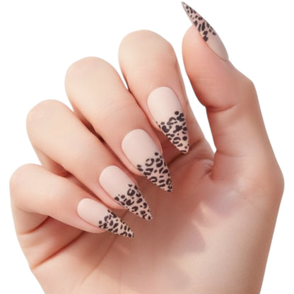 Wild Cat | Nude Pink Black French | Animal Print | Matte | Sharp, Stiletto | Extra Long | Reusable Press On Nails Set