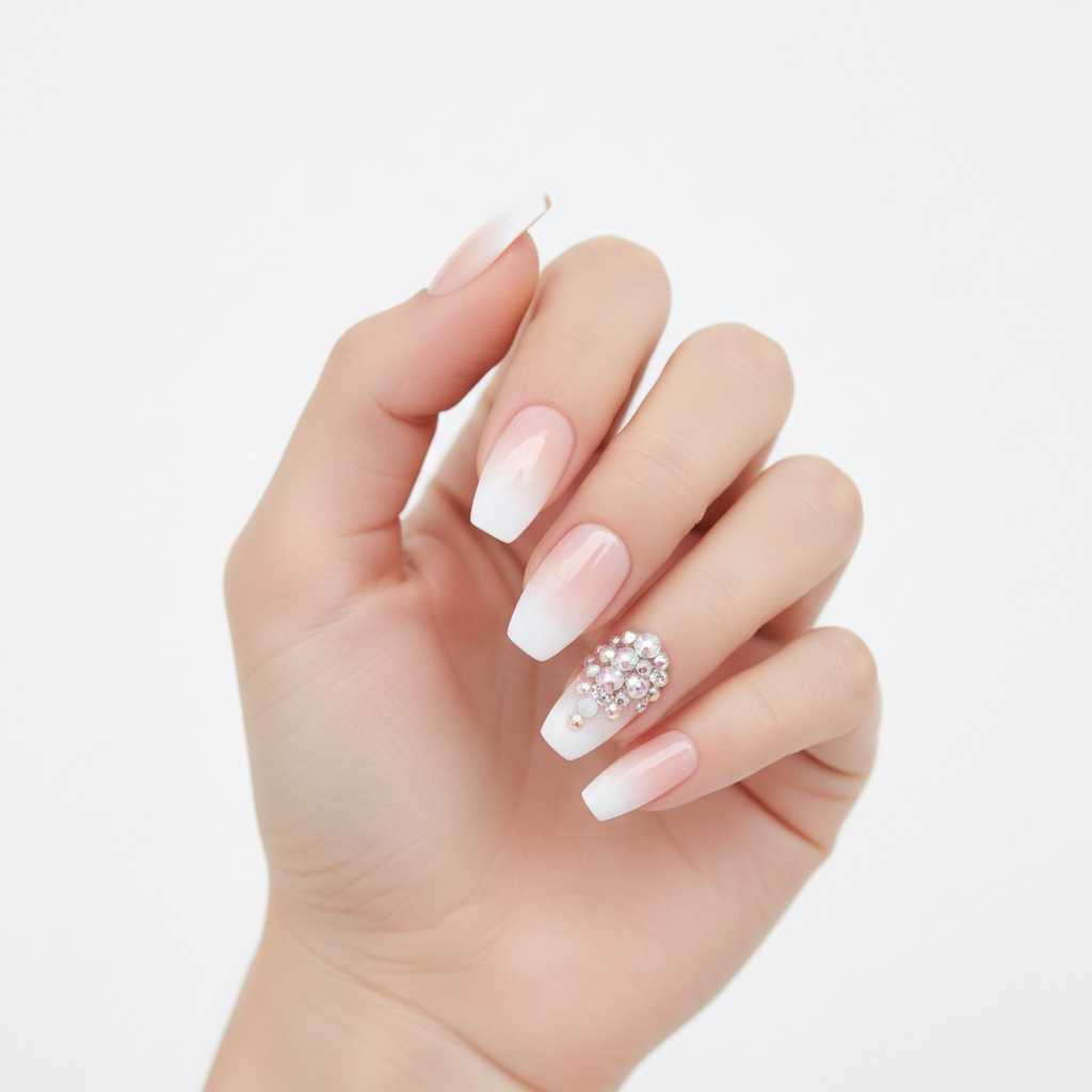 Glamour Glow | Diamond Nude Pink, White Ombre French | 3D Crystal Design | Nail Art | Glossy | Coffin | Long | Reusable Press On Nails Set
