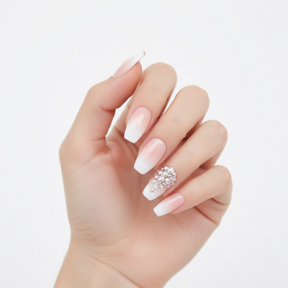 Glamour Glow | Diamond Nude Pink, White Ombre French | 3D Crystal Design | Nail Art | Glossy | Coffin | Long | Reusable Press On Nails Set