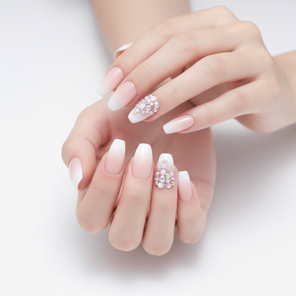 Glamour Glow | Diamond Nude Pink, White Ombre French | 3D Crystal Design | Nail Art | Glossy | Coffin | Long | Reusable Press On Nails Set