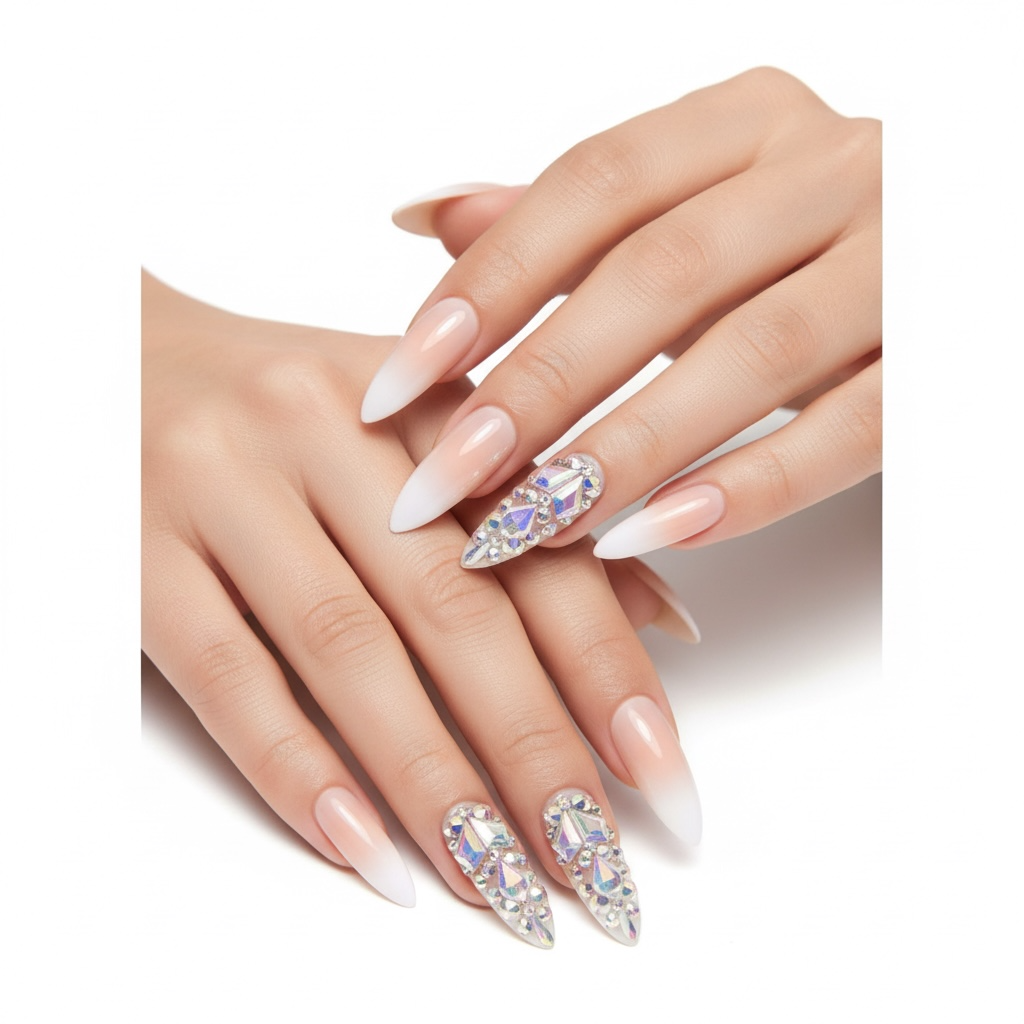 Ice Queen | Diamond Nude Pink, White Ombre French | 3D Crystal & Gemstone Design | Nail Art | Glossy | Sharp, Stiletto | Extra Long | Reusable Press On Nails Set