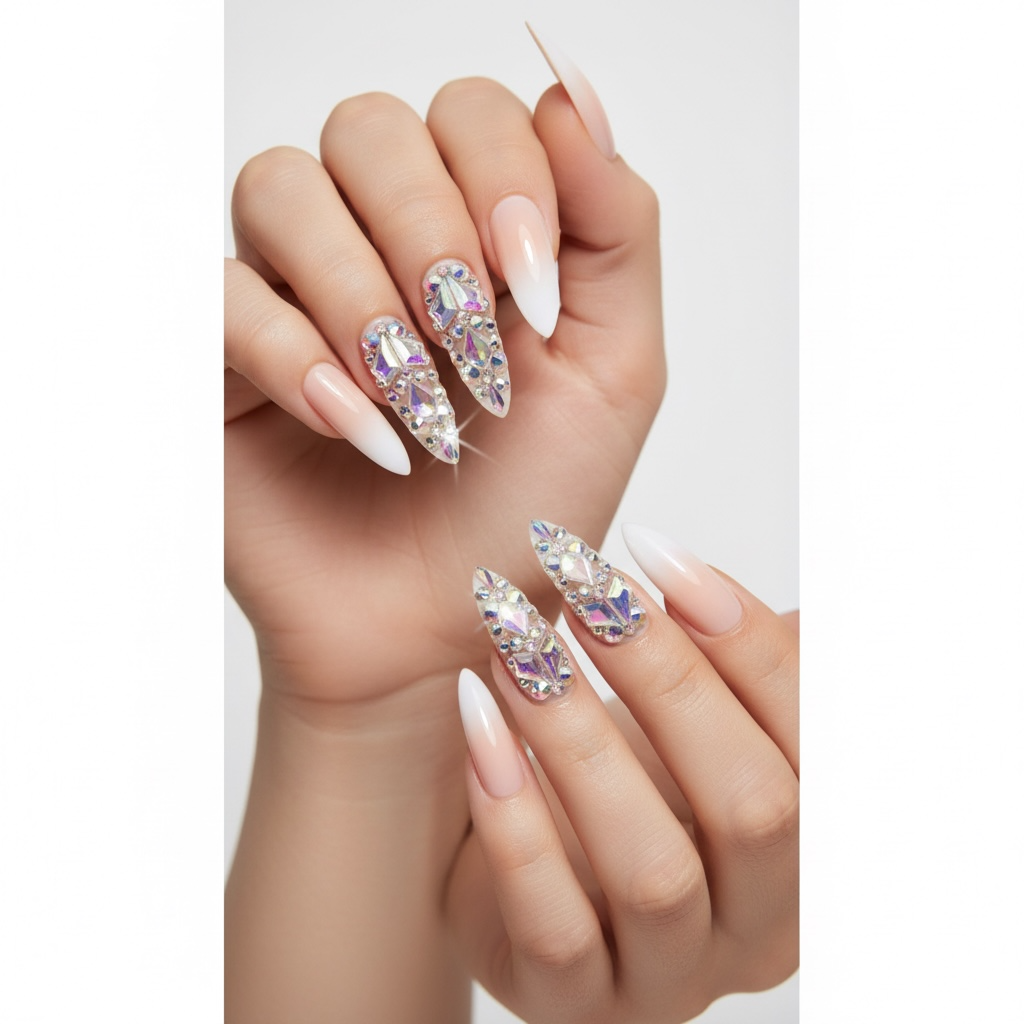 Ice Queen | Diamond Nude Pink, White Ombre French | 3D Crystal & Gemstone Design | Nail Art | Glossy | Sharp, Stiletto | Extra Long | Reusable Press On Nails Set