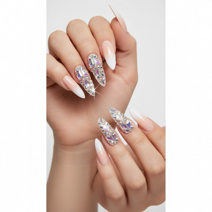 Ice Queen | Diamond Nude Pink, White Ombre French | 3D Crystal & Gemstone Design | Nail Art | Glossy | Sharp, Stiletto | Extra Long | Reusable Press On Nails Set