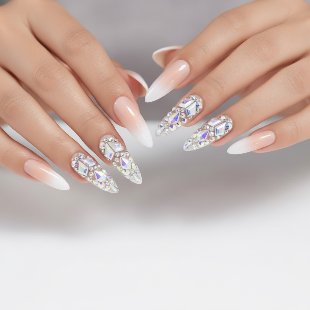 Ice Queen | Diamond Nude Pink, White Ombre French | 3D Crystal & Gemstone Design | Nail Art | Glossy | Sharp, Stiletto | Extra Long | Reusable Press On Nails Set