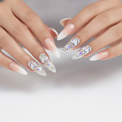 Ice Queen | Diamond Nude Pink, White Ombre French | 3D Crystal & Gemstone Design | Nail Art | Glossy | Sharp, Stiletto | Extra Long | Reusable Press On Nails Set