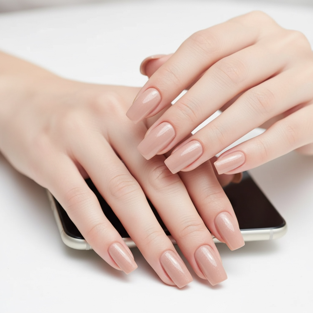 Sun Kissed | Nude Pink | Glossy Shimmer | Square | Long | Reusable Press On Nails Set