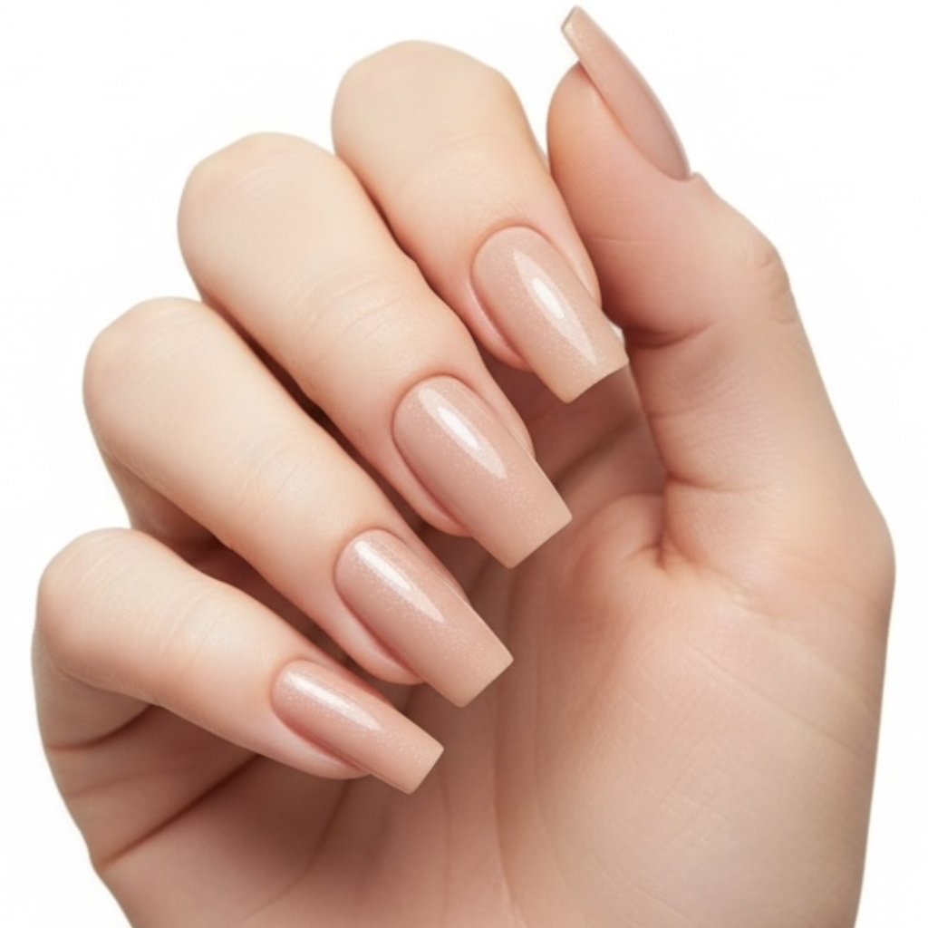 Sun Kissed | Nude Pink | Glossy Shimmer | Square | Long | Reusable Press On Nails Set