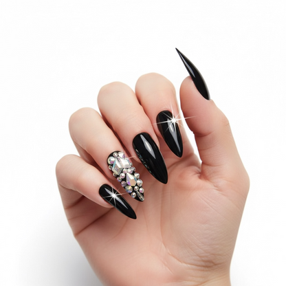 Noir Sparkle | Diamond Black | 3D Crystal Design | Nail Art | Glossy | Sharp, Stiletto | Extra Long | Reusable Press On Nails Set