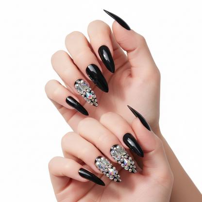 Noir Sparkle | Diamond Black | 3D Crystal Design | Nail Art | Glossy | Sharp, Stiletto | Extra Long | Reusable Press On Nails Set