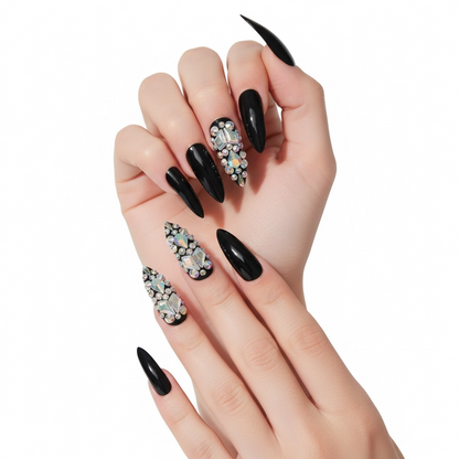 Noir Sparkle | Diamond Black | 3D Crystal Design | Nail Art | Glossy | Sharp, Stiletto | Extra Long | Reusable Press On Nails Set