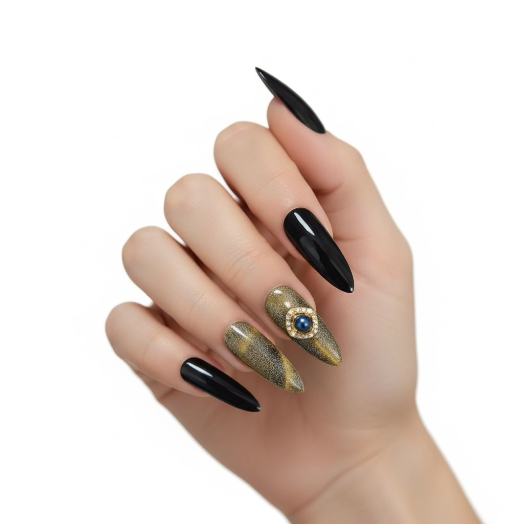 Lucky Charm | Black Green Glitter | Cat Eye Design | Glossy | Sharp, Stiletto | Extra Long | Reusable Press On Nails Set