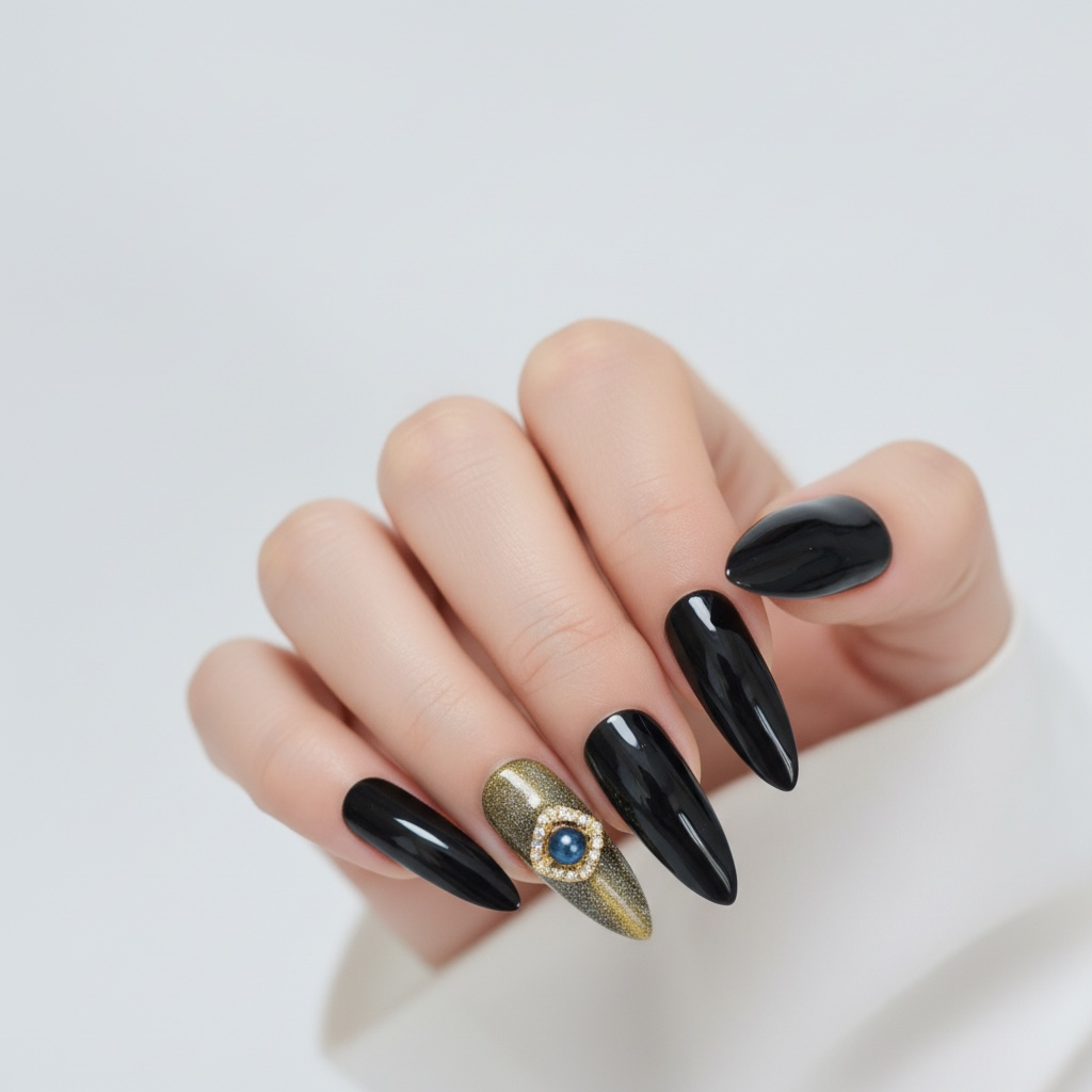 Lucky Charm | Black Green Glitter | Cat Eye Design | Glossy | Sharp, Stiletto | Extra Long | Reusable Press On Nails Set