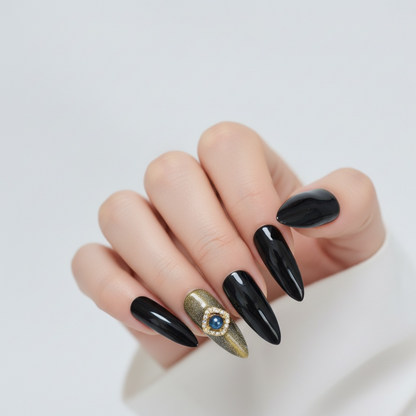 Lucky Charm | Black Green Glitter | Cat Eye Design | Glossy | Sharp, Stiletto | Extra Long | Reusable Press On Nails Set