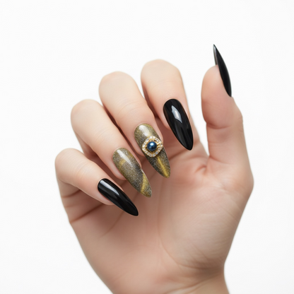 Lucky Charm | Black Green Glitter | Cat Eye Design | Glossy | Sharp, Stiletto | Extra Long | Reusable Press On Nails Set