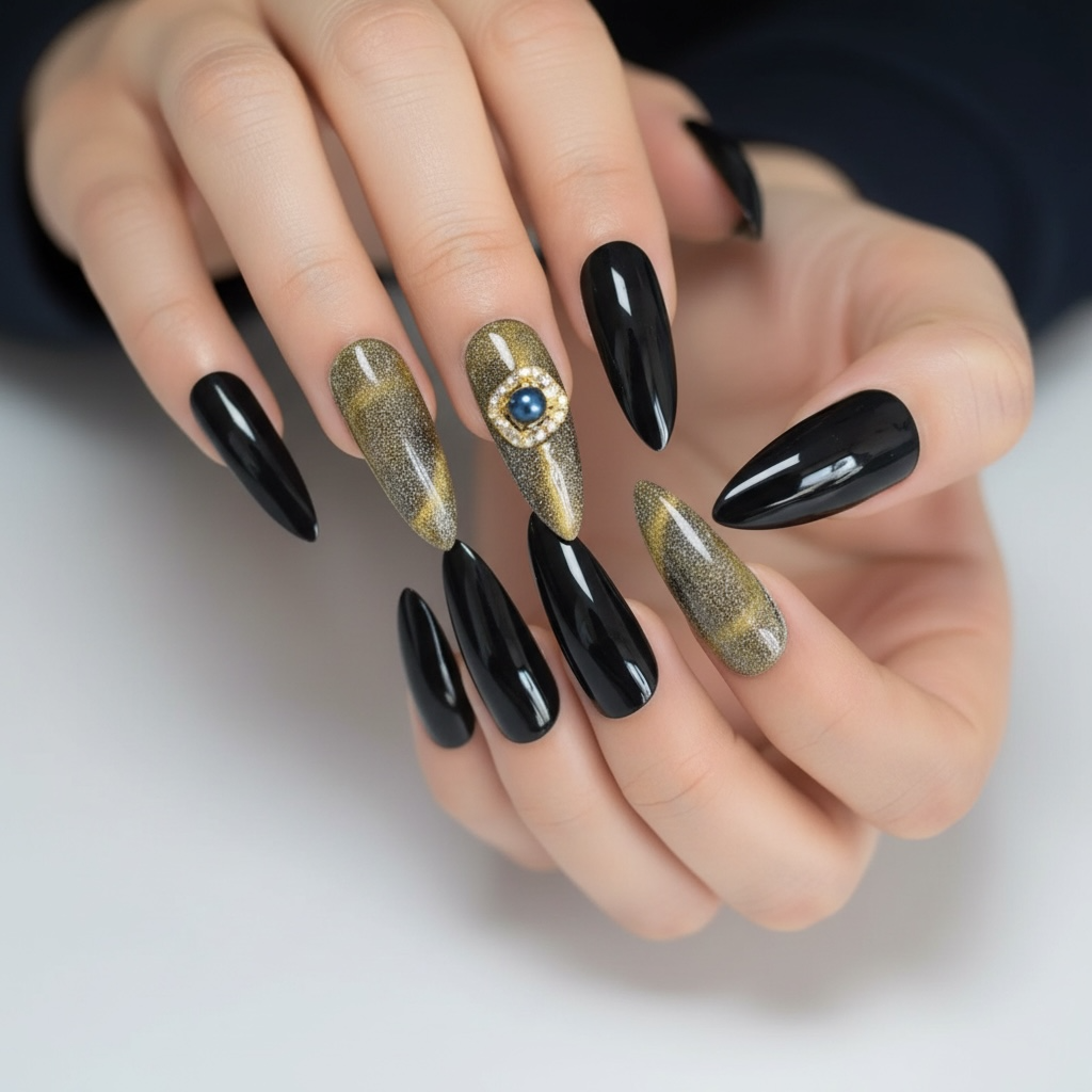 Lucky Charm | Black Green Glitter | Cat Eye Design | Glossy | Sharp, Stiletto | Extra Long | Reusable Press On Nails Set