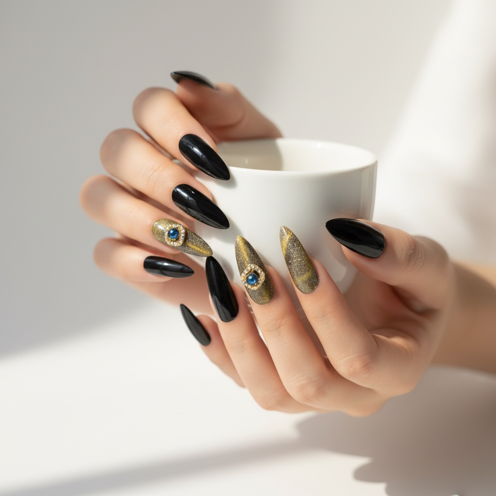 Lucky Charm | Black Green Glitter | Cat Eye Design | Glossy | Sharp, Stiletto | Extra Long | Reusable Press On Nails Set