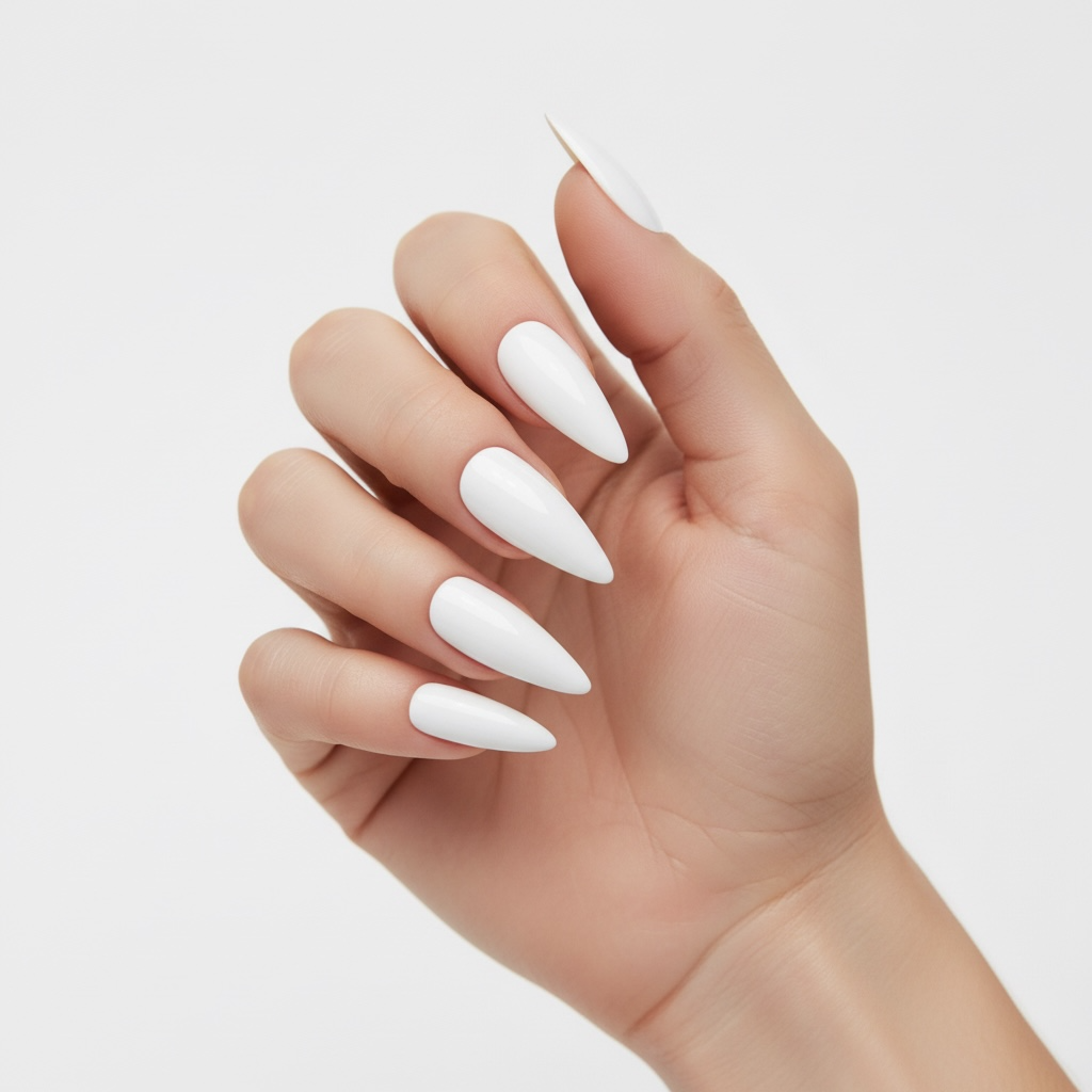 Blanc Strike | White | Glossy | Sharp, Stiletto | Extra Long | Reusable Press On Nails Set
