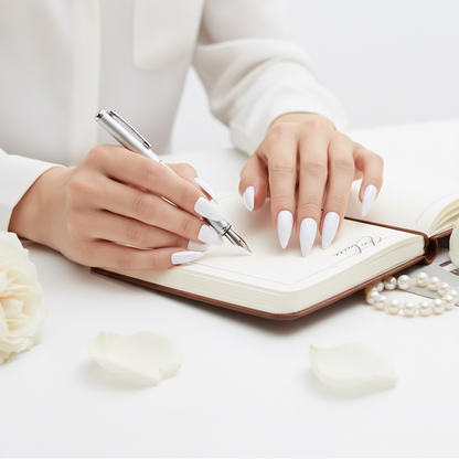 Blanc Strike | White | Glossy | Sharp, Stiletto | Extra Long | Reusable Press On Nails Set