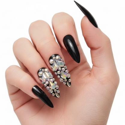 Noir Sparkle | Diamond Black | 3D Crystal Design | Nail Art | Glossy | Sharp, Stiletto | Extra Long | Reusable Press On Nails Set