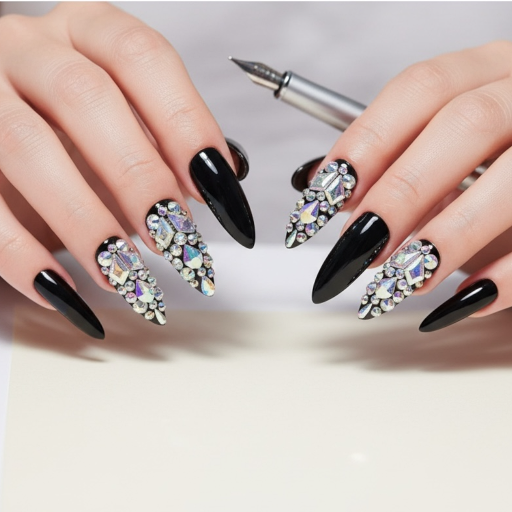 Noir Sparkle | Diamond Black | 3D Crystal Design | Nail Art | Glossy | Sharp, Stiletto | Extra Long | Reusable Press On Nails Set