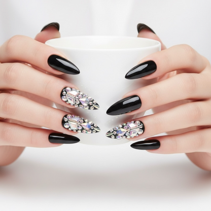 Noir Sparkle | Diamond Black | 3D Crystal Design | Nail Art | Glossy | Sharp, Stiletto | Extra Long | Reusable Press On Nails Set