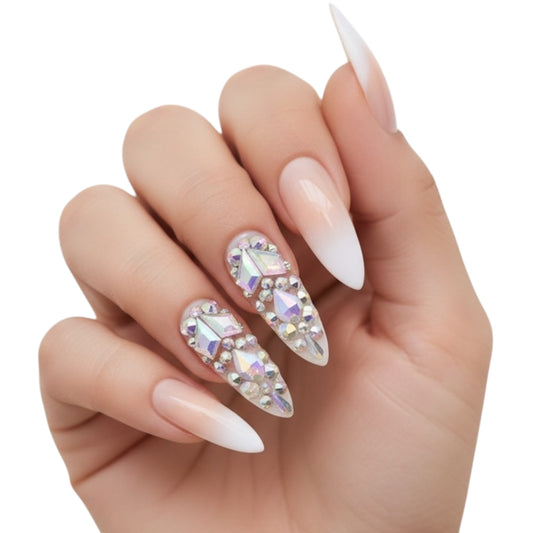 Ice Queen | Diamond Nude Pink, White Ombre French | 3D Crystal & Gemstone Design | Nail Art | Glossy | Sharp, Stiletto | Extra Long | Reusable Press On Nails Set