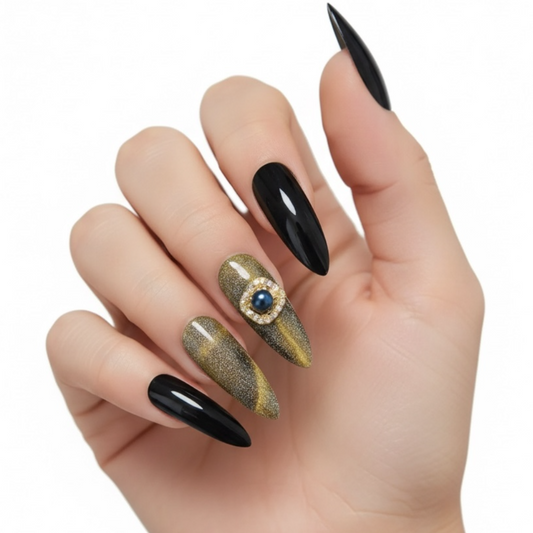 Lucky Charm | Black Green Glitter | Cat Eye Design | Glossy | Sharp, Stiletto | Extra Long | Reusable Press On Nails Set