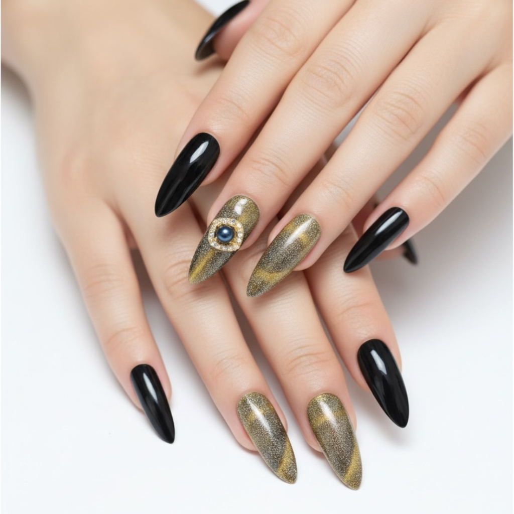 Lucky Charm | Black Green Glitter | Cat Eye Design | Glossy | Sharp, Stiletto | Extra Long | Reusable Press On Nails Set