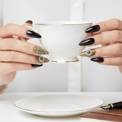 Lucky Charm | Black Green Glitter | Cat Eye Design | Glossy | Sharp, Stiletto | Extra Long | Reusable Press On Nails Set