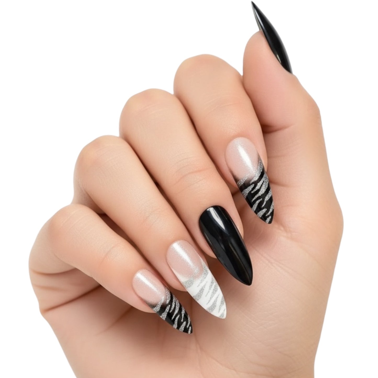 Shiny Zebra | Black, White Glitter French | Animal Print | Glossy | Sharp, Stiletto | Extra Long | Reusable Press On Nails Set