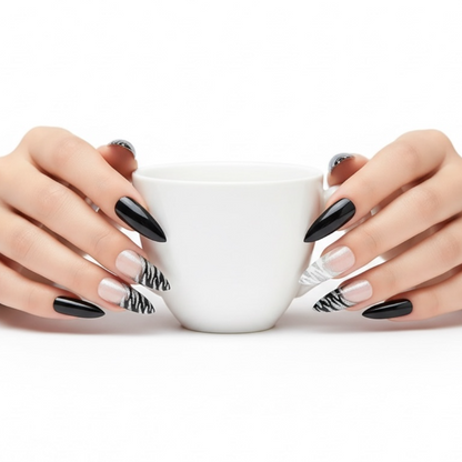 Shiny Zebra | Black, White Glitter French | Animal Print | Glossy | Sharp, Stiletto | Extra Long | Reusable Press On Nails Set