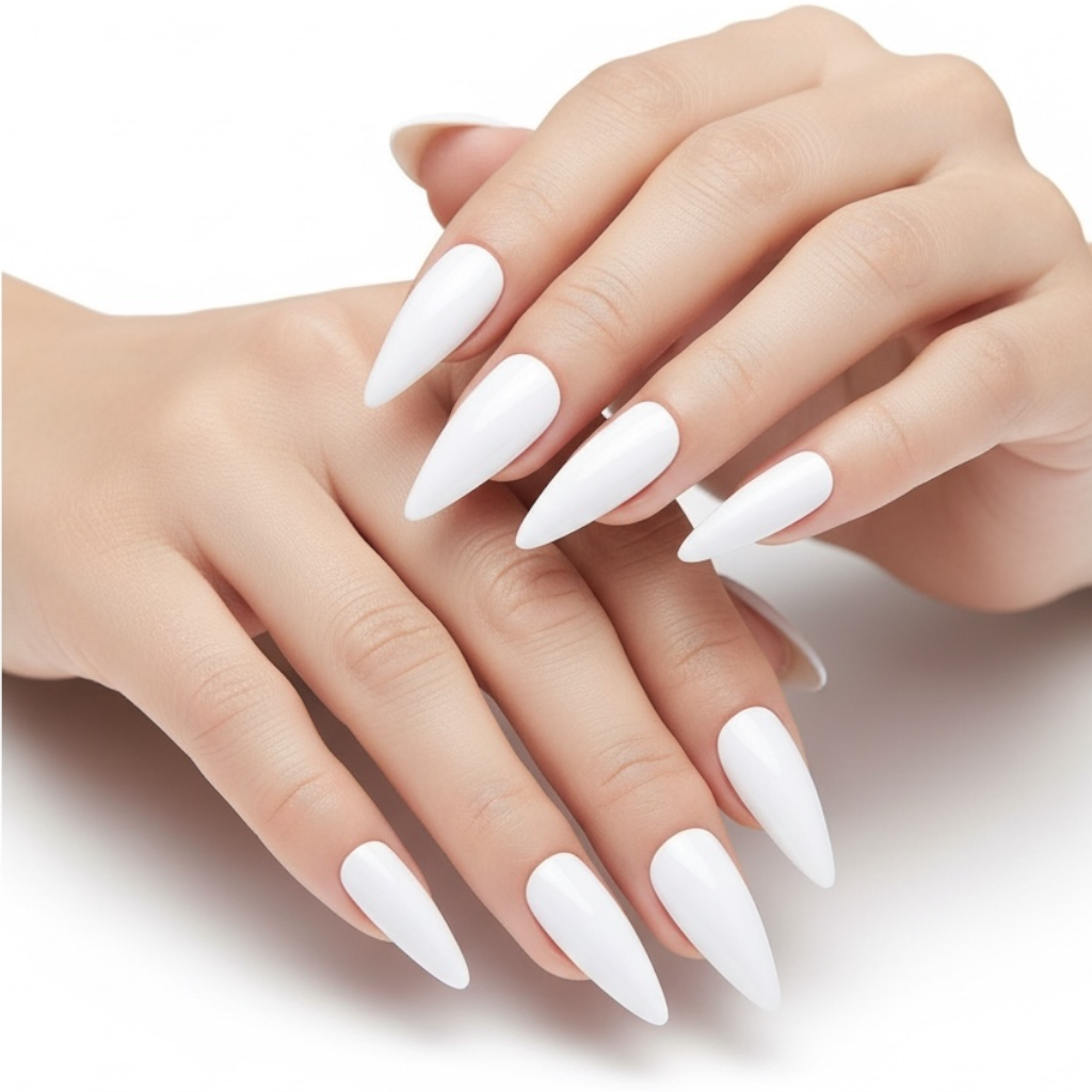 Blanc Strike | White | Glossy | Sharp, Stiletto | Extra Long | Reusable Press On Nails Set