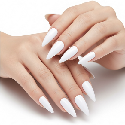 Blanc Strike | White | Glossy | Sharp, Stiletto | Extra Long | Reusable Press On Nails Set