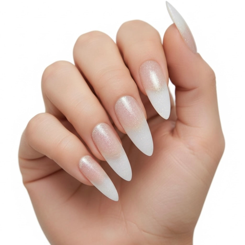 Twinkle Spark | Nude Pink, Glitter Ombre White French | Matte | Sharp, Stiletto | Extra Long | Reusable Press On Nails Set