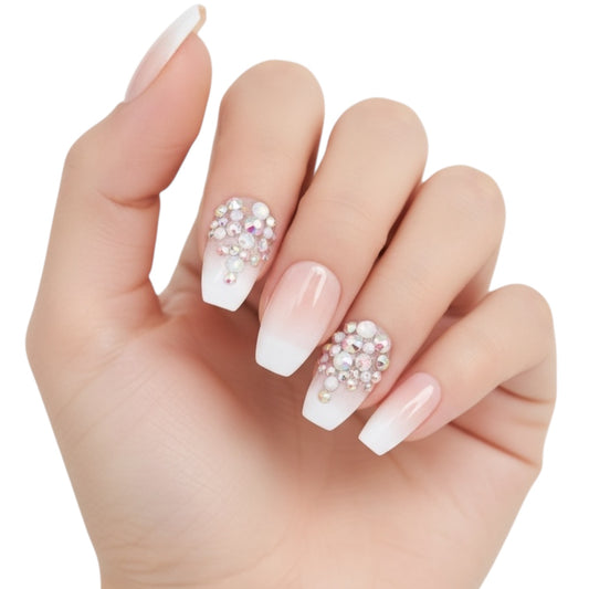 Glamour Glow | Diamond Nude Pink, White Ombre French | 3D Crystal Design | Nail Art | Glossy | Coffin | Long | Reusable Press On Nails Set