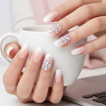 Glamour Glow | Diamond Nude Pink, White Ombre French | 3D Crystal Design | Nail Art | Glossy | Coffin | Long | Reusable Press On Nails Set