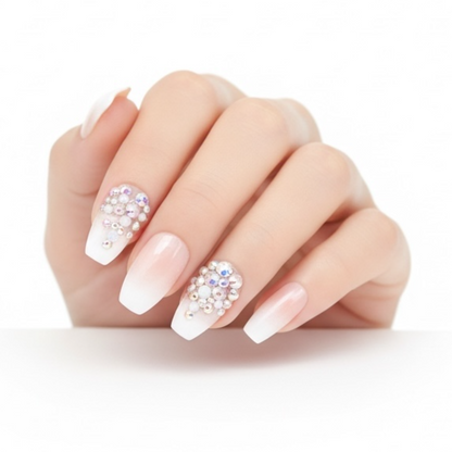 Glamour Glow | Diamond Nude Pink, White Ombre French | 3D Crystal Design | Nail Art | Glossy | Coffin | Long | Reusable Press On Nails Set