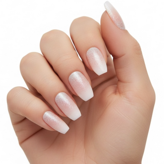 Shimmer Fiesta | Nude Pink, Glitter White Ombre French | Glossy | Square | Long | Reusable Press On Nails Set