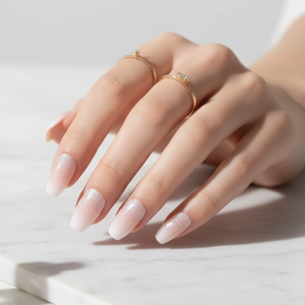 Shimmer Fiesta | Nude Pink, Glitter White Ombre French | Glossy | Square | Long | Reusable Press On Nails Set