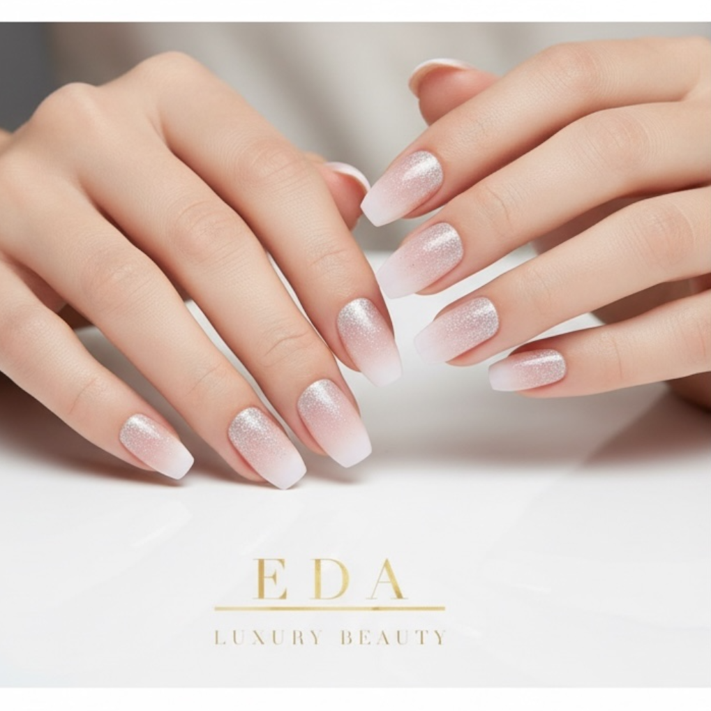 Shimmer Fiesta | Nude Pink, Glitter White Ombre French | Glossy | Square | Long | Reusable Press On Nails Set