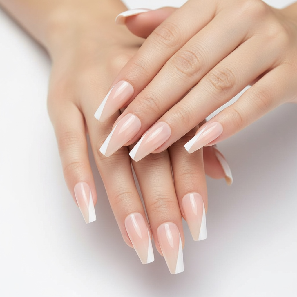 Pure Elegance | Natural | Nude Pink, White French | Glossy | Ballerina | Extra Long | Reusable Press On Nails Set