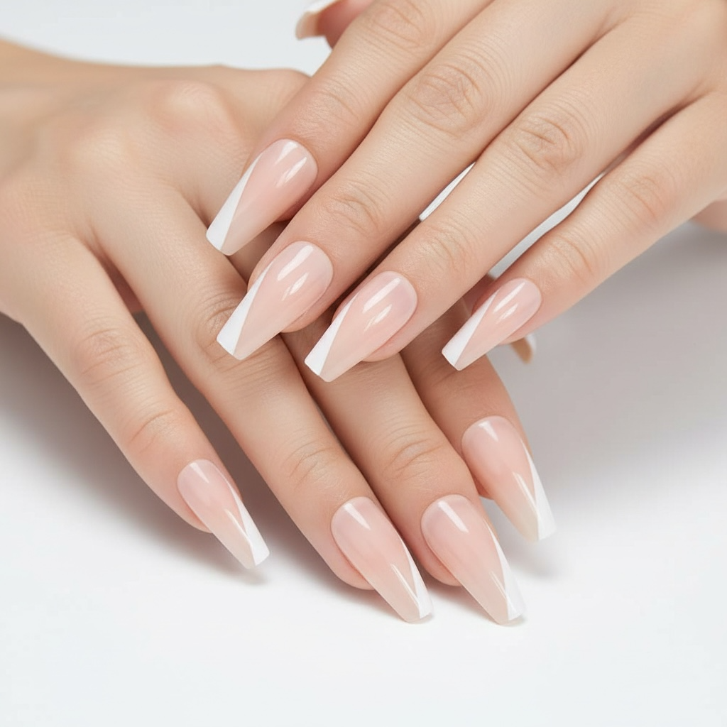 Pure Elegance | Natural | Nude Pink, White French | Glossy | Ballerina | Extra Long | Reusable Press On Nails Set