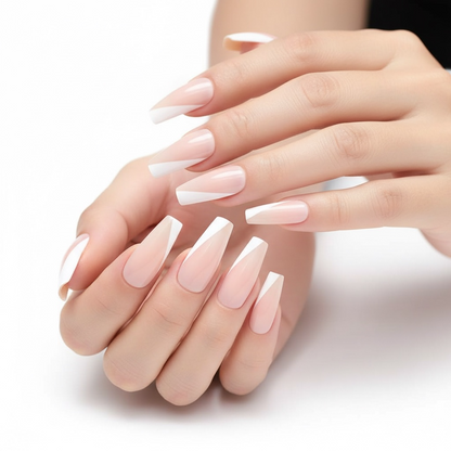 Pure Elegance | Natural | Nude Pink, White French | Glossy | Ballerina | Extra Long | Reusable Press On Nails Set