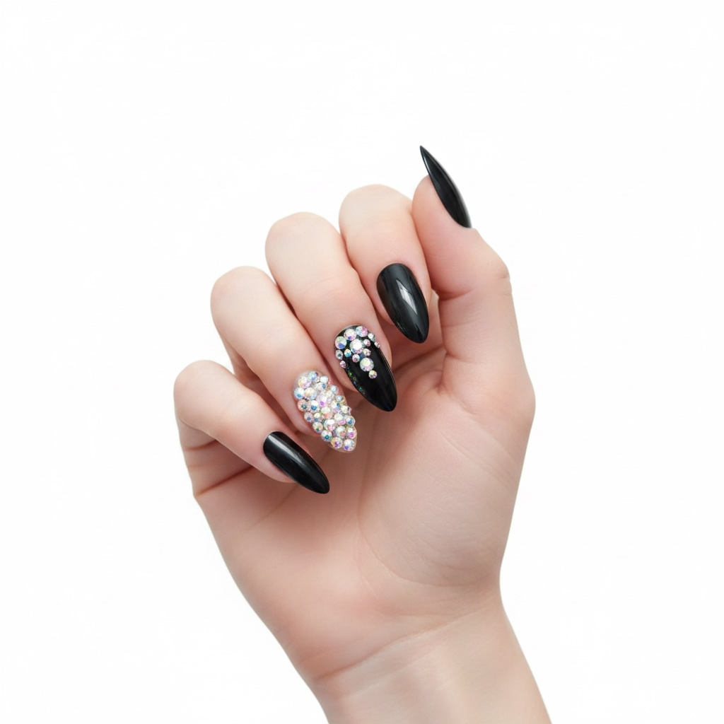 Midnight Magic | Diamond Black | 3D Crystal Design | Nail Art | Glossy | Almond, Stiletto | Long | Reusable Press On Nails Set